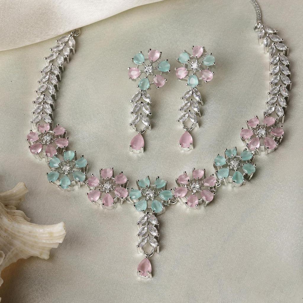 Rhodium-Plated Silver Toned Star Shaped American Diamond Studded Necklace Earrings Jewellery Set for Girls and Women