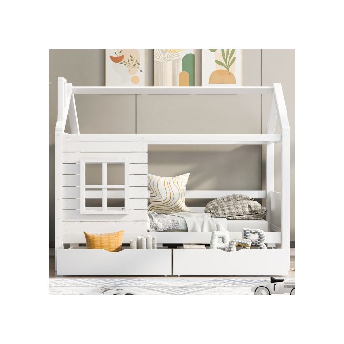 Lit junior - MUVOE - 90x200 cm - Bois massif - Avec tiroirs - Blanc