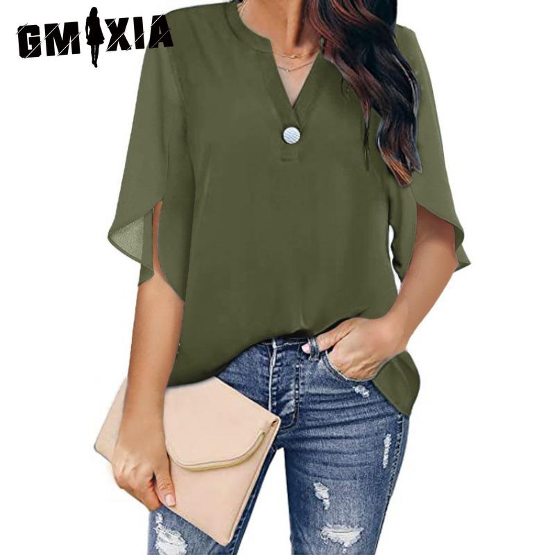 

GMXIA Женские модные повседневные однотонные блузки и рубашки с короткими рукавами и v-образным вырезом с принтом XXXL армия зеленый
