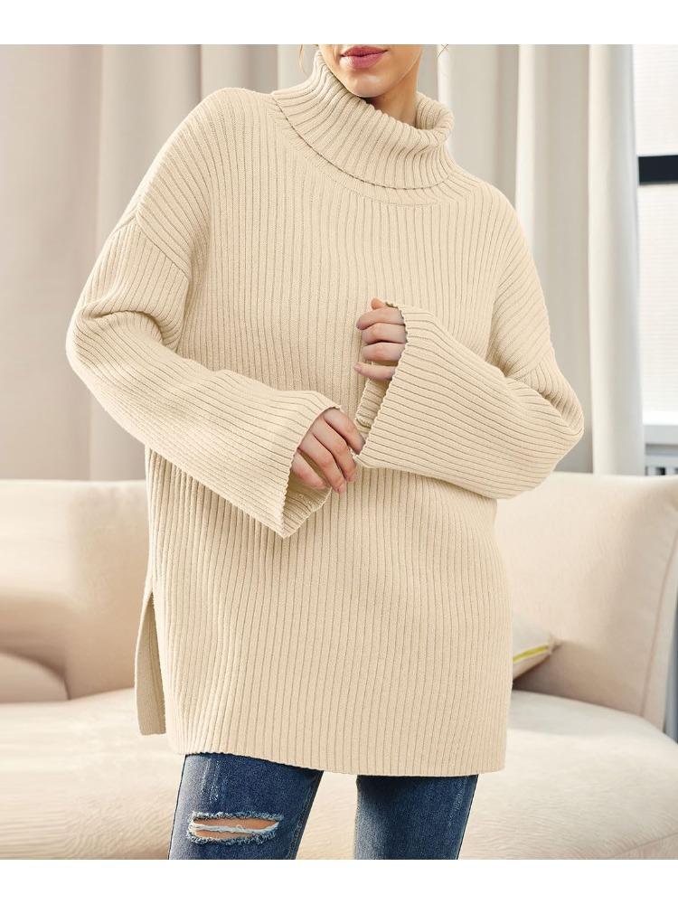 Autumn Winter Women's High Neck Oversized Pullover Split Long Sleeve High Neck Ribbed Knit Sweater Luxurious Relaxed-fit Slimming and Versatile Top