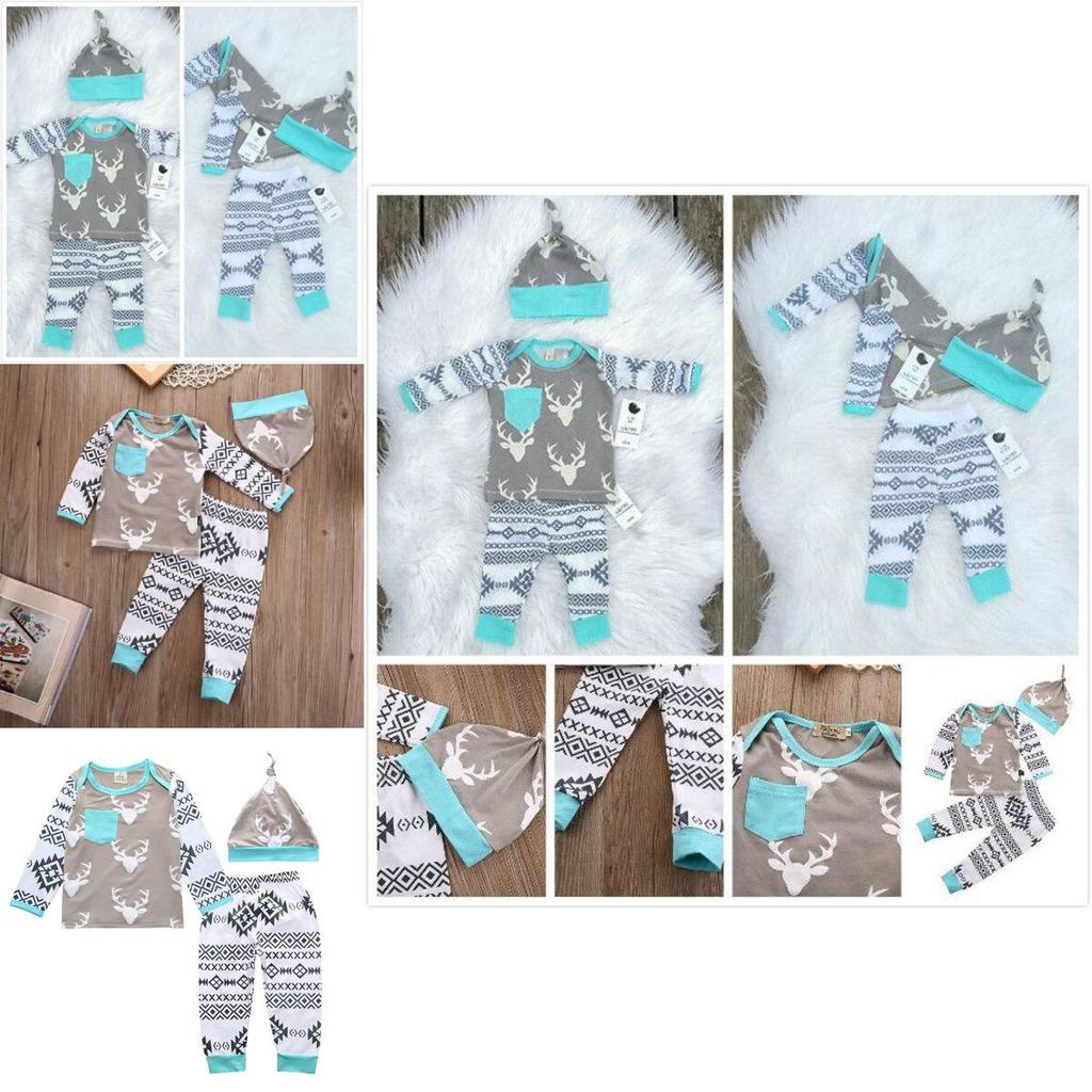 Adorabile Set di 3 Pezzi per Neonato e Bambino Maschio Cervo T-shirt Pantaloni Cappello