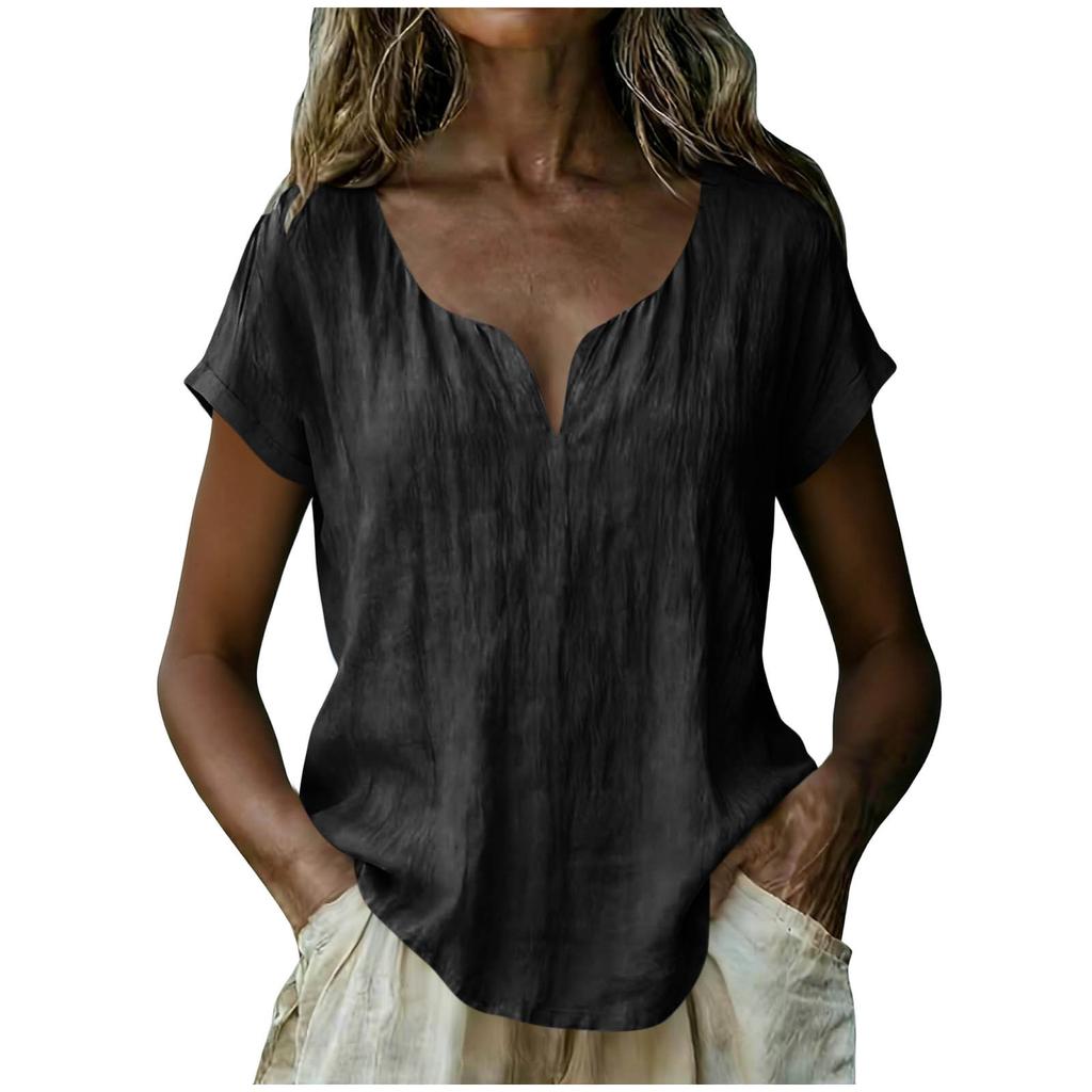 Women's Loose-Fit Fashionable Cotton-Linen -Color V-Neck Casual Top