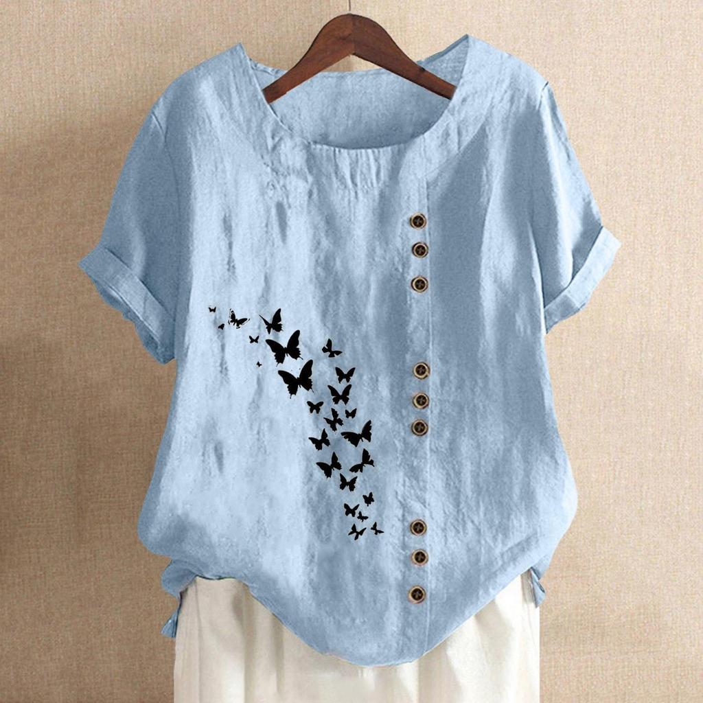 Women's Fashion Casual Round Neck Short Sleeve Cotton And Linen Printed T-shirt Top