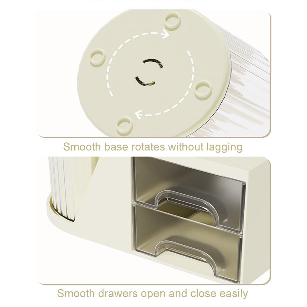 Rotating Pen Organizer with 2 Drawers Stationery Accessories Storage Box Multi-Functional Desk