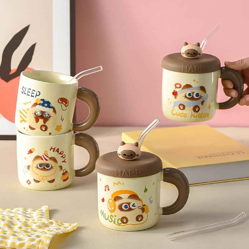 Kitten Couple Ceramic Mug with Lid Cup with Straw Water Cup Female Office Worker Cute Student Drinking Water for Home Use