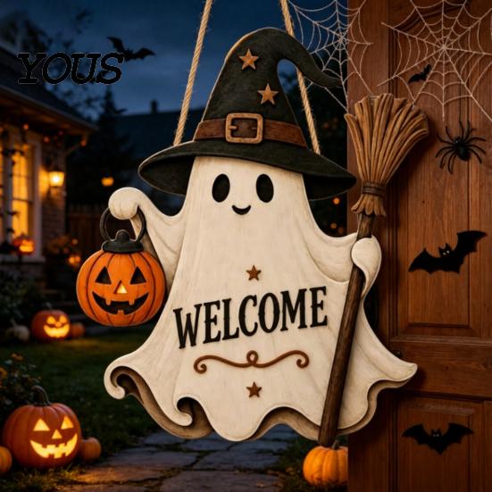 Cute Halloween Hanging Wooden Door Sign, Ghost Welcome Ornament with Witch Festive Display Hat Pumpkin Lantern Design, Holiday Wall Decor