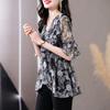 Loose Floral Print Chiffon Shirt for Women French Black Top Spring/Summer New Mom V-neck Bottoming Blouse M-4XL