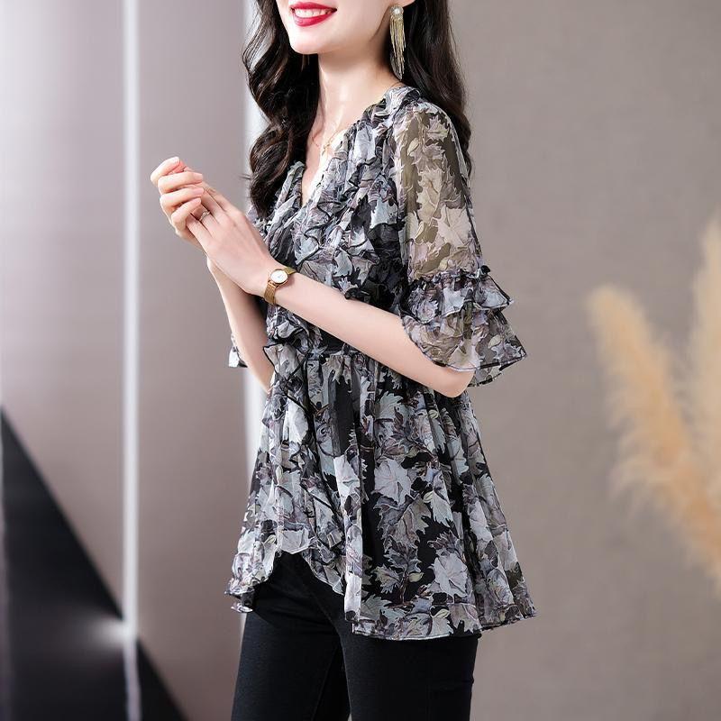 Loose Floral Print Chiffon Shirt for Women French Black Top Spring/Summer New Mom V-neck Bottoming Blouse M-4XL