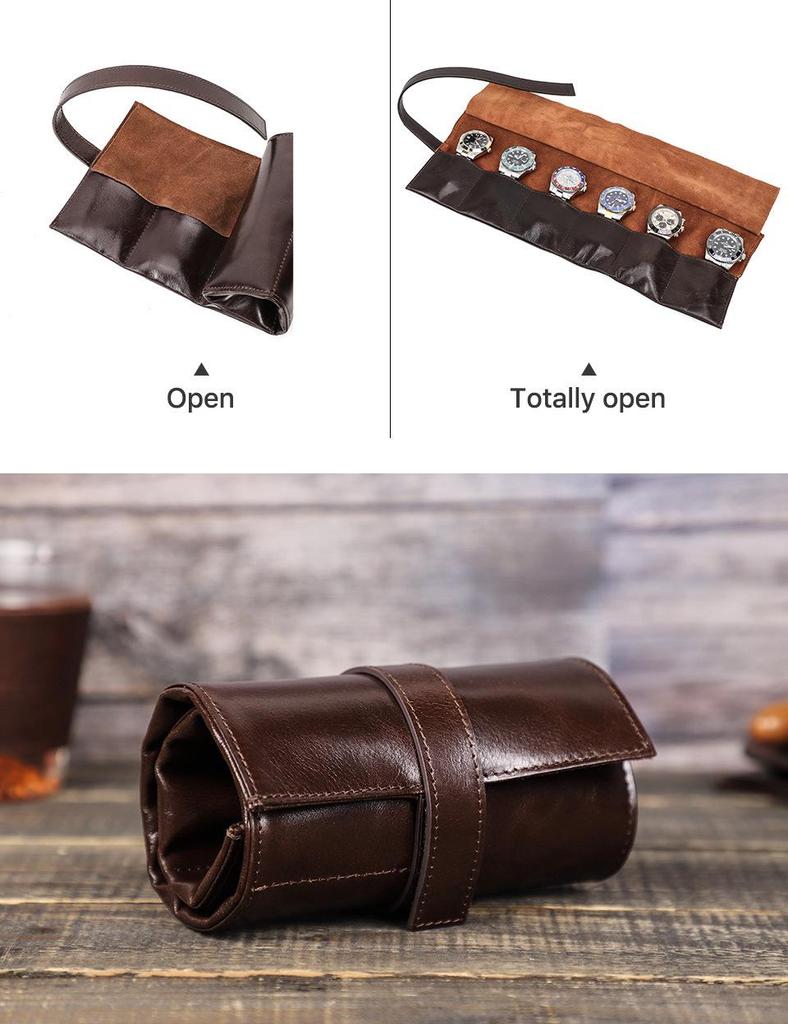 Oil Wax Cowhide Six-Watch Tie-Up Leather Travel Pouch