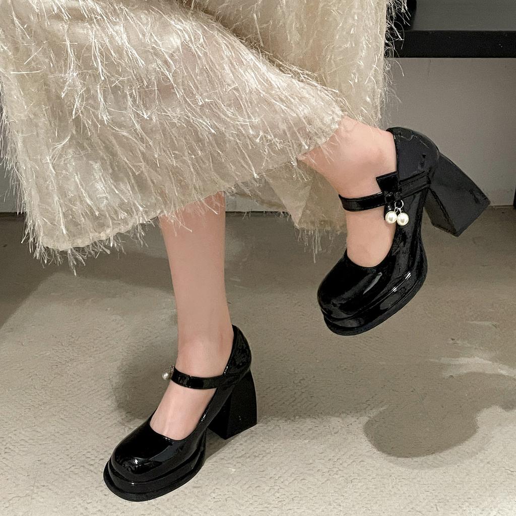 Mode Perle Retro Schwarz Britische Hochhackige Kleine Lederschuhe Damen 2025 Neu Vielseitige Höhenverstärkende Mary Jane Einzelne Schuhe