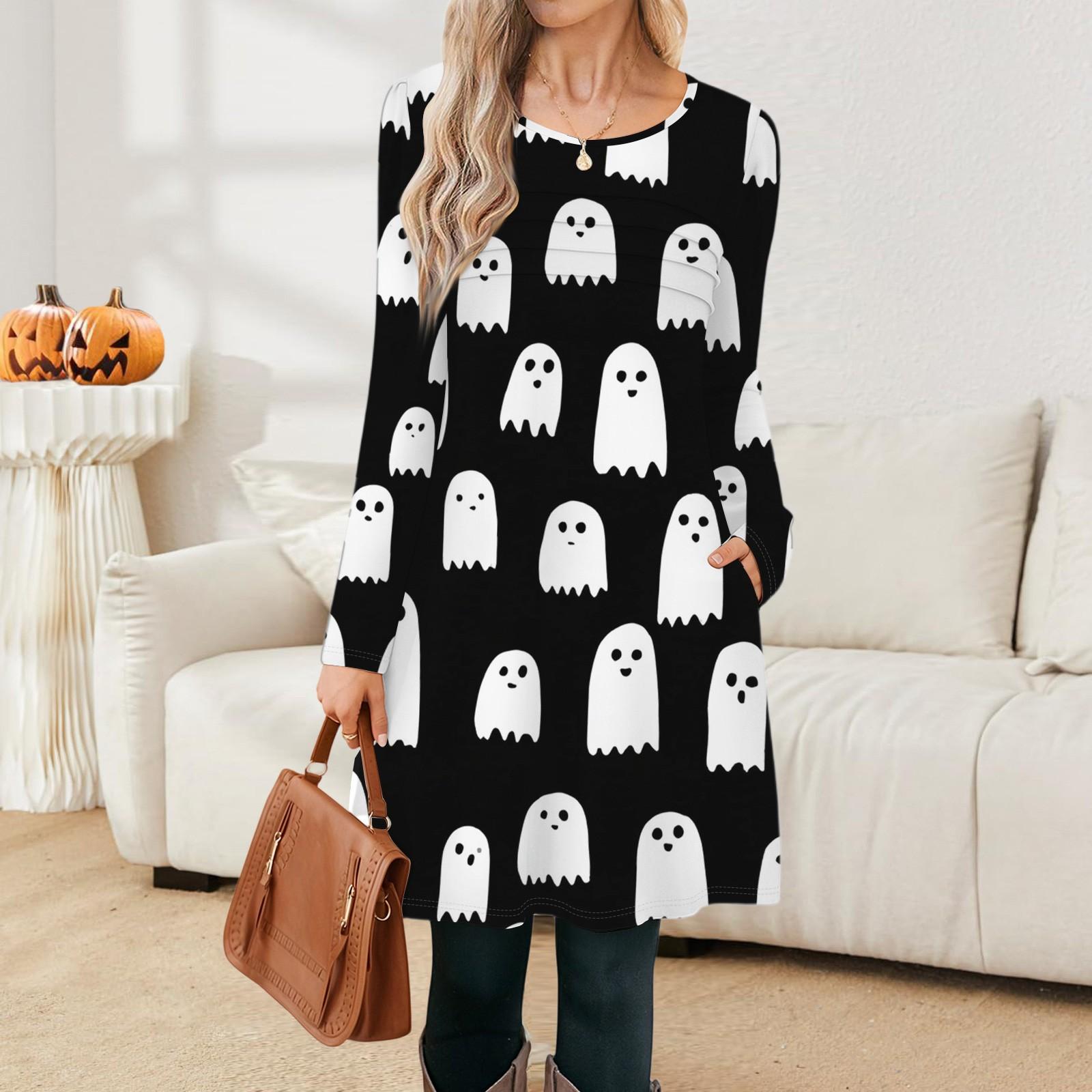 

Женское платье с длинным рукавом, осеннее повседневное, футболка, свободного кроя, с плиссировкой спереди, платья с карманами L чёрный