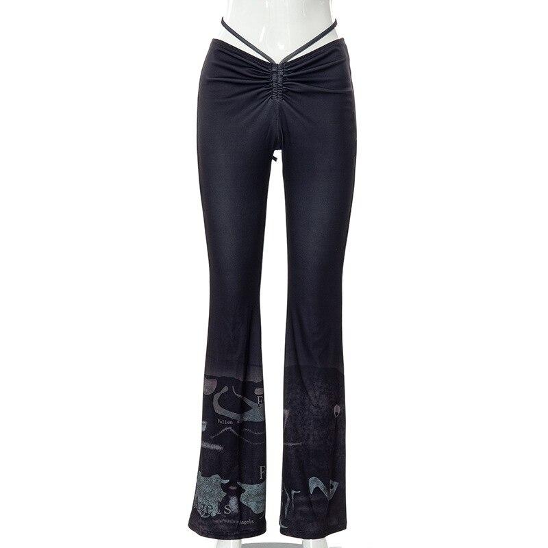 

Модные уличные спортивные штаны, новые весенне-осенние женские узкие брюки-клеш с низкой талией, широкие брюки с рюшами и рюшами на талии L чёрный