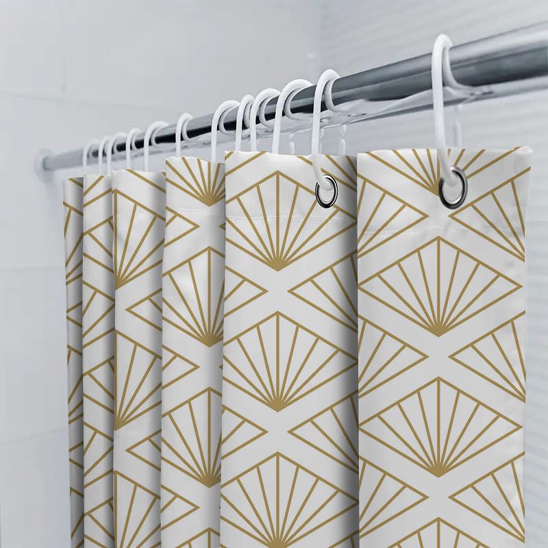 Modern Geometric Shower Curtain White Gold Fan Design For Bathroom Decor Printed Waterproof Fabric Shower Panels Set (Set Of 1)