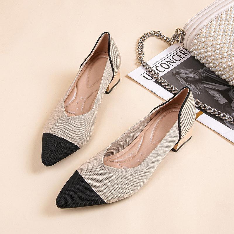Spring and Autumn New Weaving Fly Knitting Breathable Sleeve Pointed Women's Thick High Heel Single Shoes