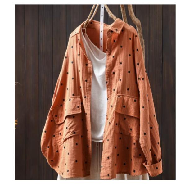 

Хлопковая рубашка с длинным рукавом в горошек с отложным воротником и карманами One Size