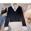 Lapel splicing fake two-piece sweater women's autumn and winter new slim-fit long-sleeved knitted top trendy