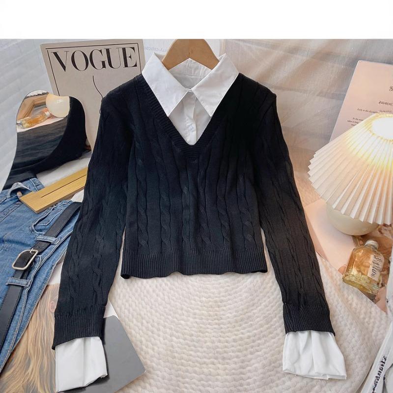 Lapel splicing fake two-piece sweater women's autumn and winter new slim-fit long-sleeved knitted top trendy