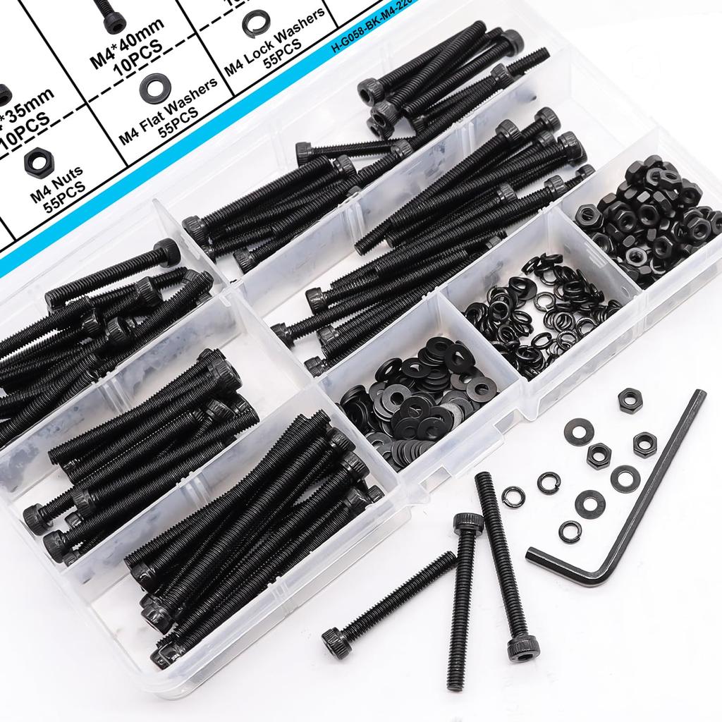220 PCS Black M4 Hexagonal Internal Hexagonal Screws, M4 x 30/35/40/45/50mm Metric Screw Bolts, Nuts, Washers and Spacer Kits, 1