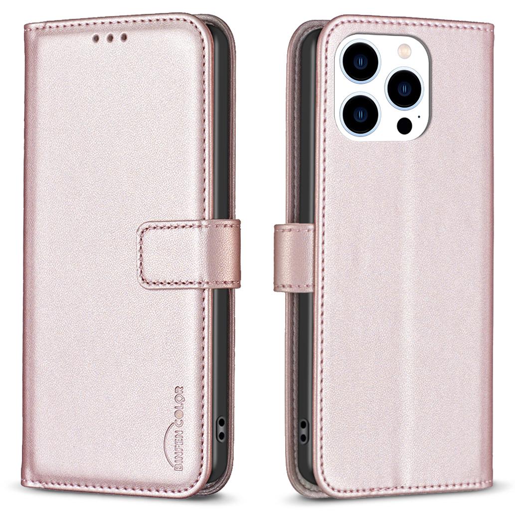 

BINFEN COLOR BF17 For iPhone 15 Pro Stand Design Phone Cover Ultra-Light Wallet TPU+PU Leather Phone Case Rose Gold