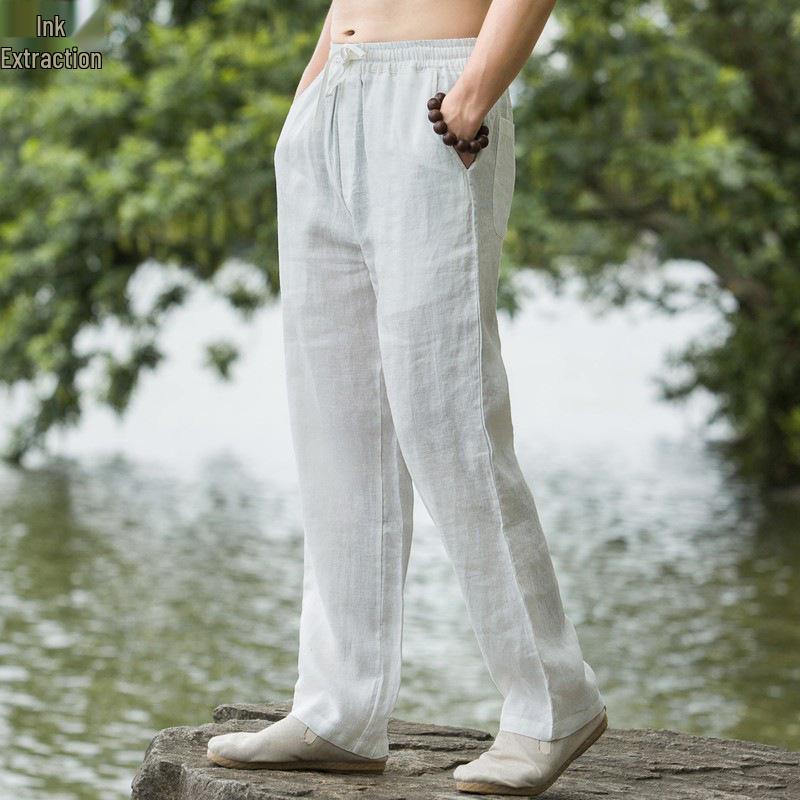 Men's Retro Chinese Style Linen Summer Trousers - Loose, Thin, Straight Casual Pants.
