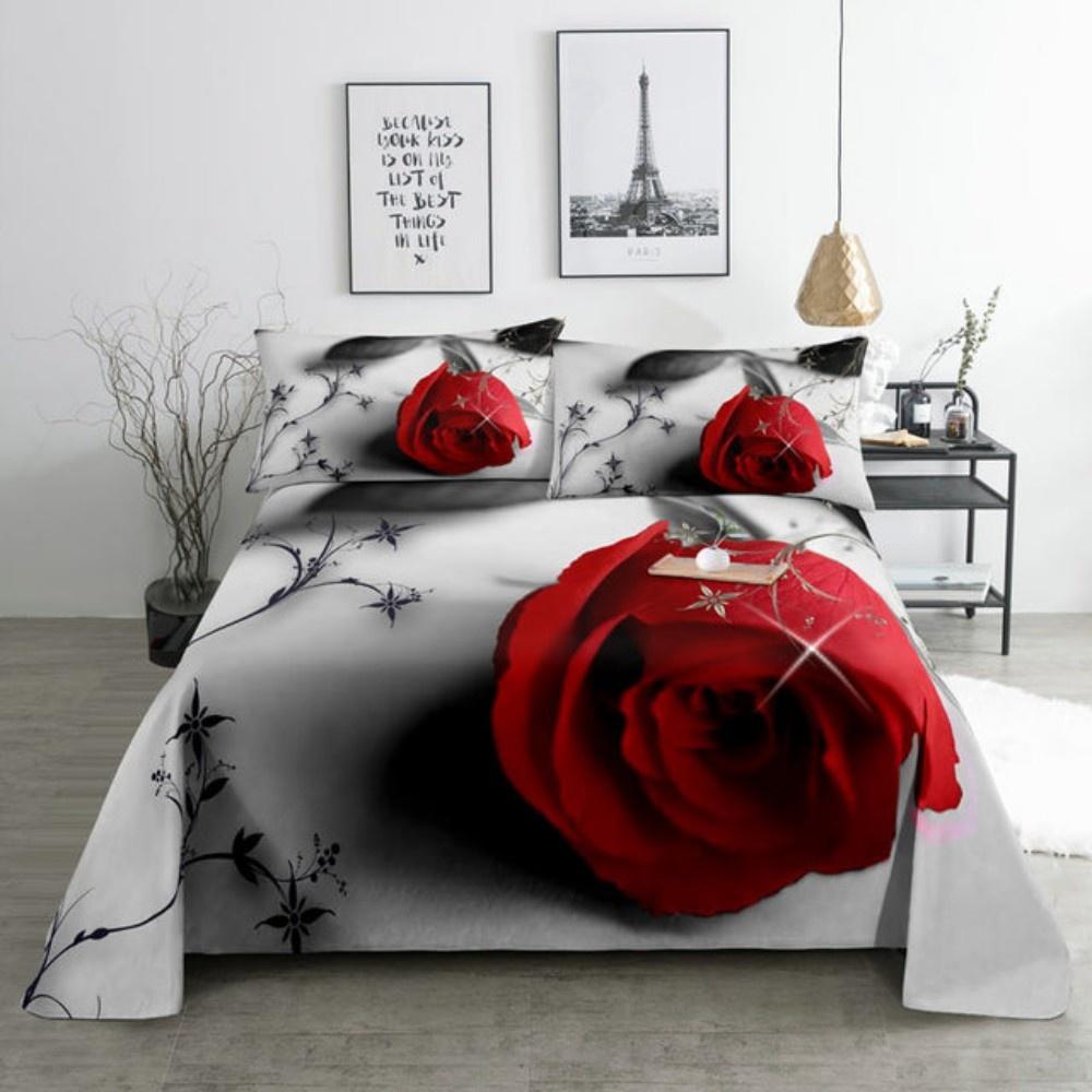 Pink Rose Bed Sheet Sets 3D Print Flowers Bed Flat Sheet for Women Girls King Queen Full Twin Size 2/3pcs Bed Linen Room Decor