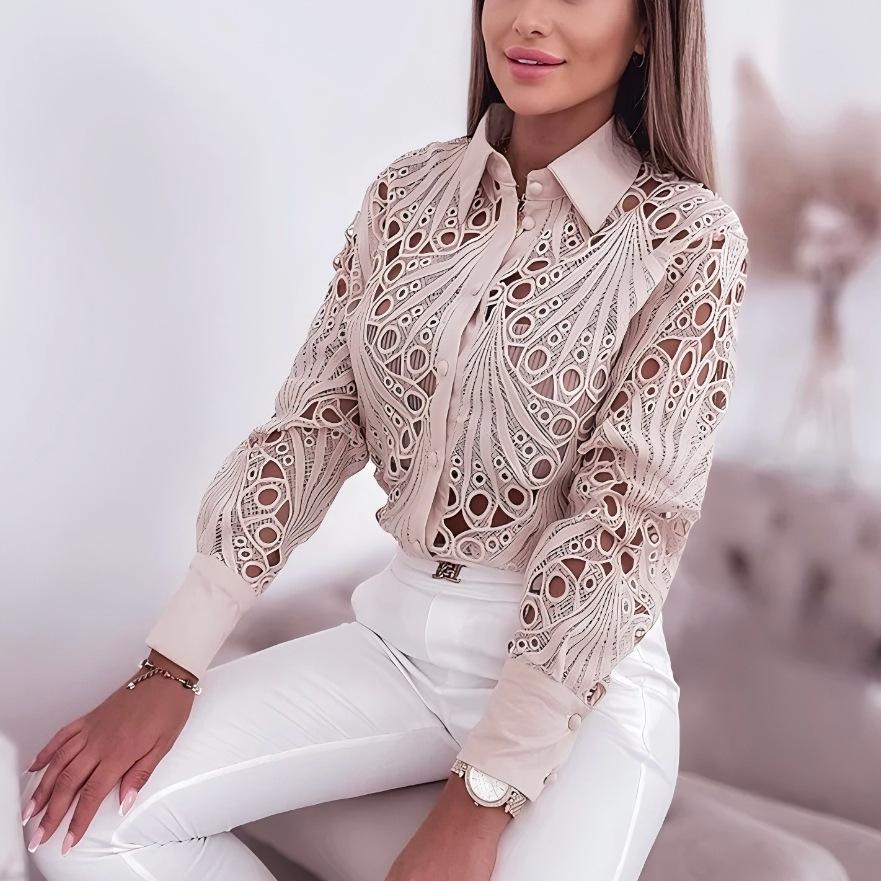 2024 Vielseitiges Damen-Spitzen-Hollow-Langarmshirt für Frühling & Herbst
