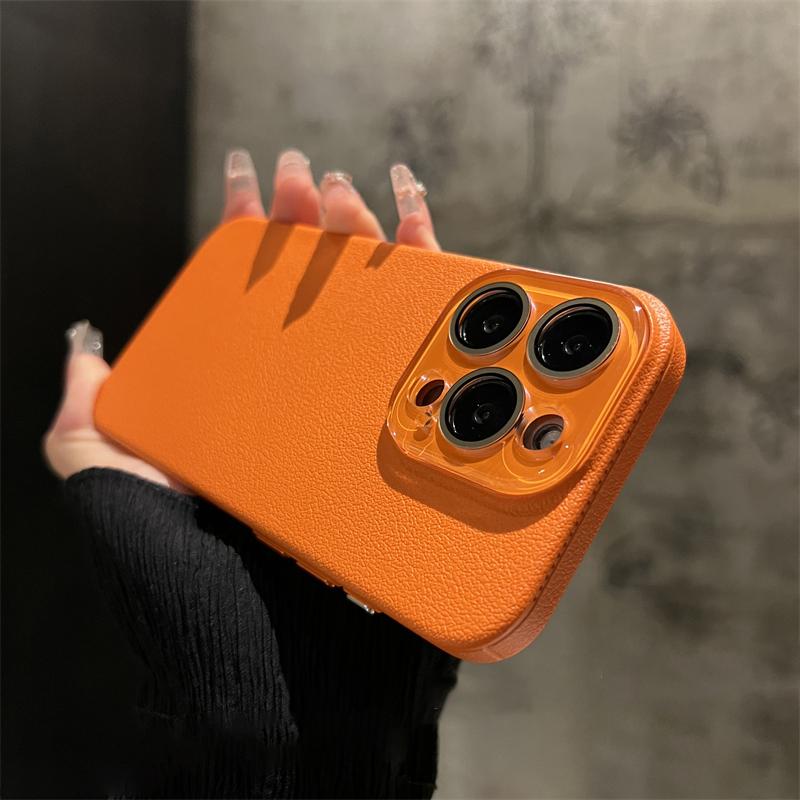 Crystal Glass Lens Protection Lychee Textured Leather Case for iPhone 15 Pro Max 14 13 12 Shockproof Protection Hard PC Cover