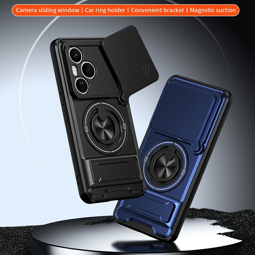For Honor 400 Pro 5G (Global) Magnetic Case Ring Holder Foldable Kickstand TPU PC Phone Cover with Camera Lens Slider