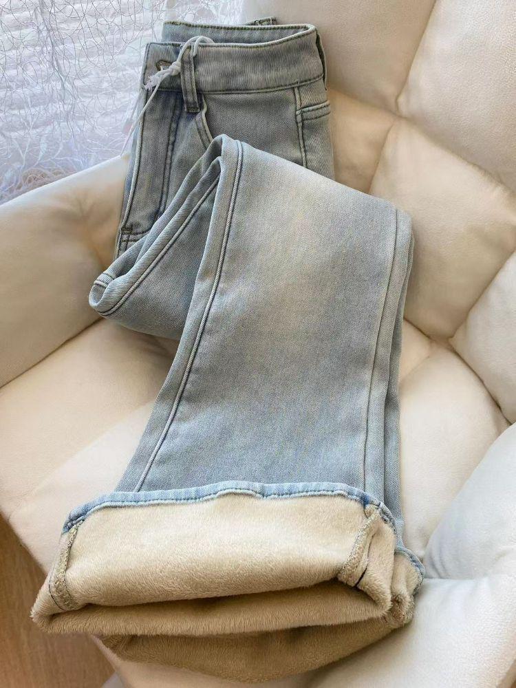 High Waist Plus-Sized Light Blue Velvet Flare Jeans for Autumn/Winter