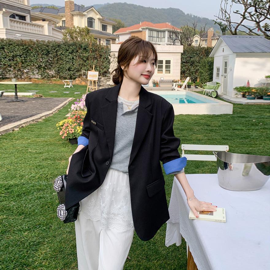 Spring and Autumn New Korean Version Gray Flanged Sleeves Thin Small Suit Women's Casual Loose Temperament Suit Jacket Tide