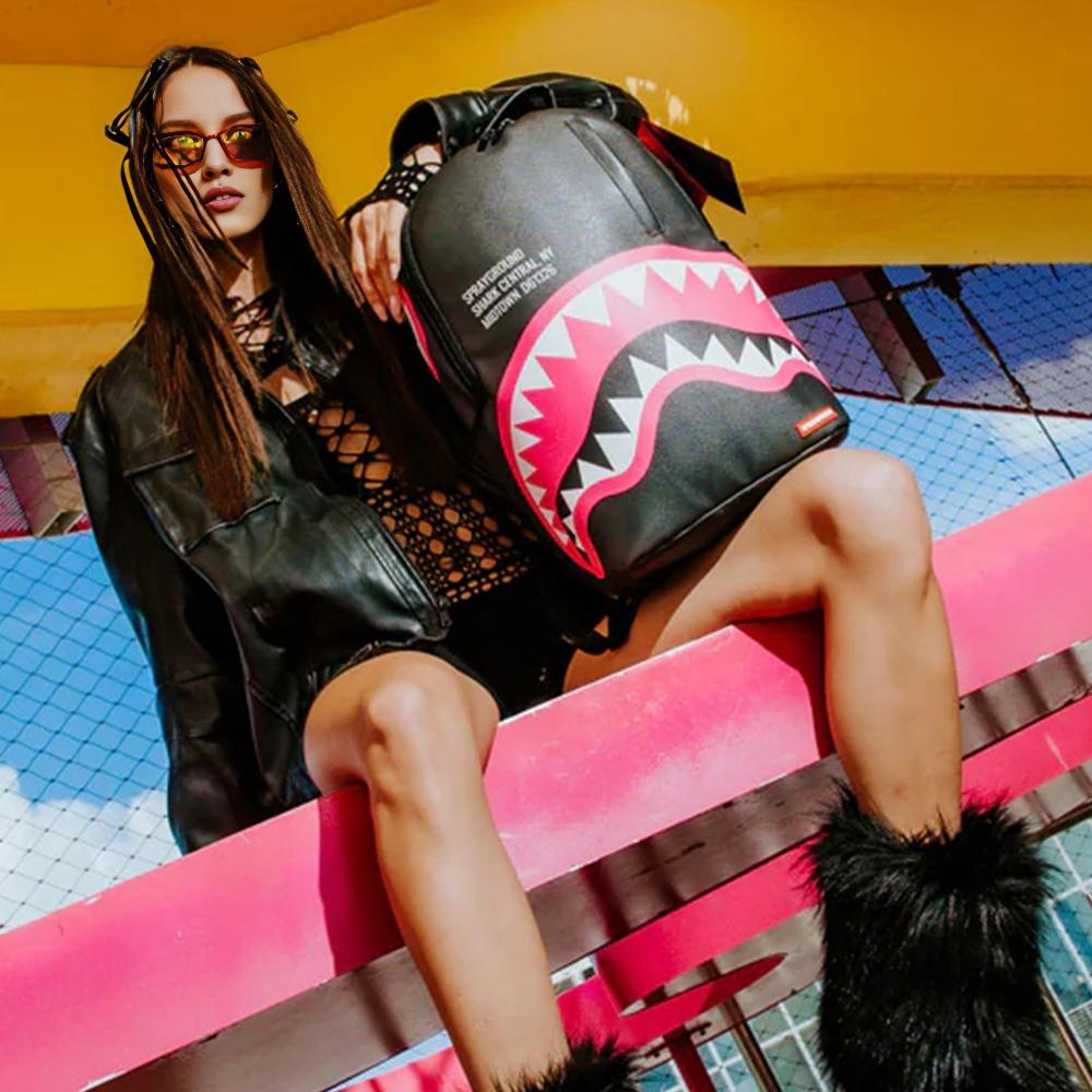 New SPRAYGROUND Shark Mouth PVC Backpacks Men Black/Pink W1035718