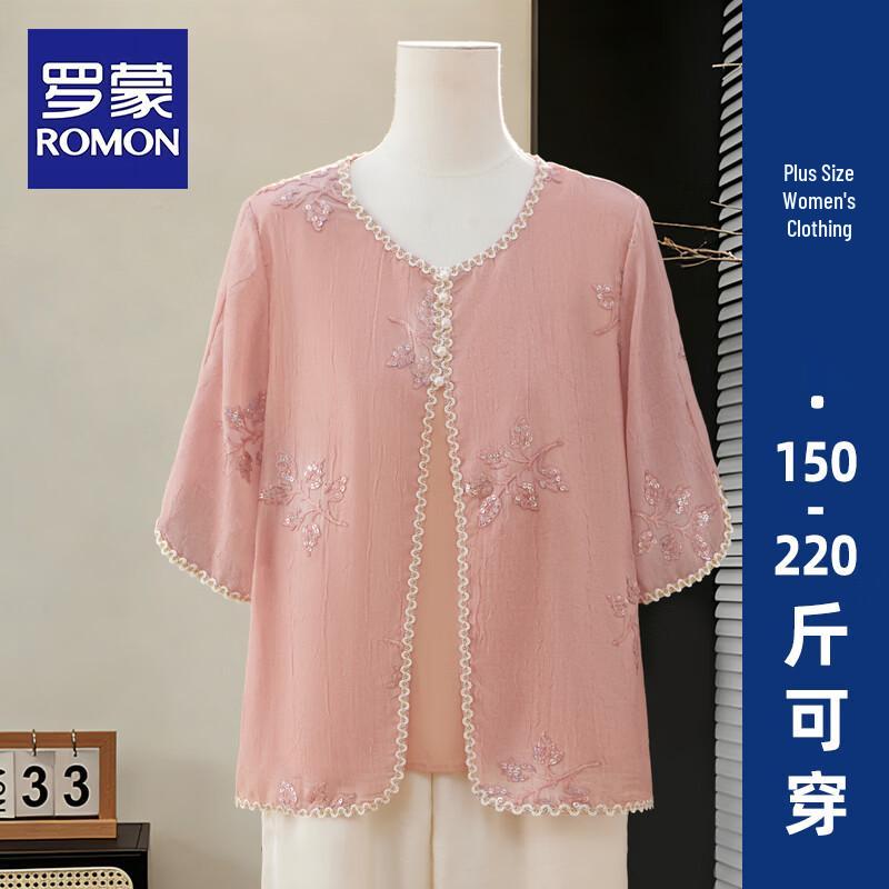 Romon Mid-Aged Women s Summer Jacquard Faux Two-Piece Attire 4XL