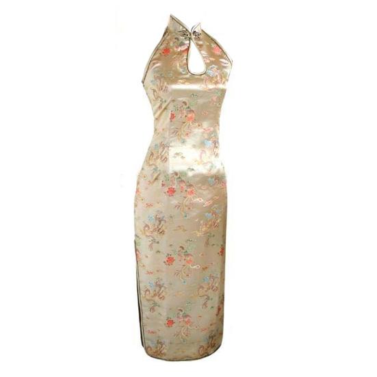 

Женское летнее платье-ципао с воротником-стойкой и принтом, открытыми плечами, открытой спиной, разрезом по низу, без рукавов, облегающее вечернее платье в стиле ретро в китайском стиле S золотистый