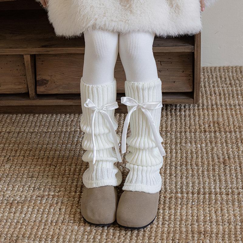 Kids Leg Warmers INS Fashion Solid Color Knitted Boot Cuff with Bow Winter Warm Leg Warmers for Girls Retro Over The Knee Socks