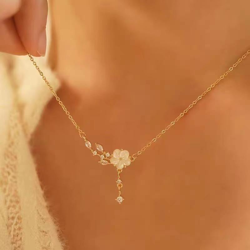 Gold Plated Shell Flower CZ Pendant Necklace – Dainty Romantic Jewelry, Sweet Gift for Women