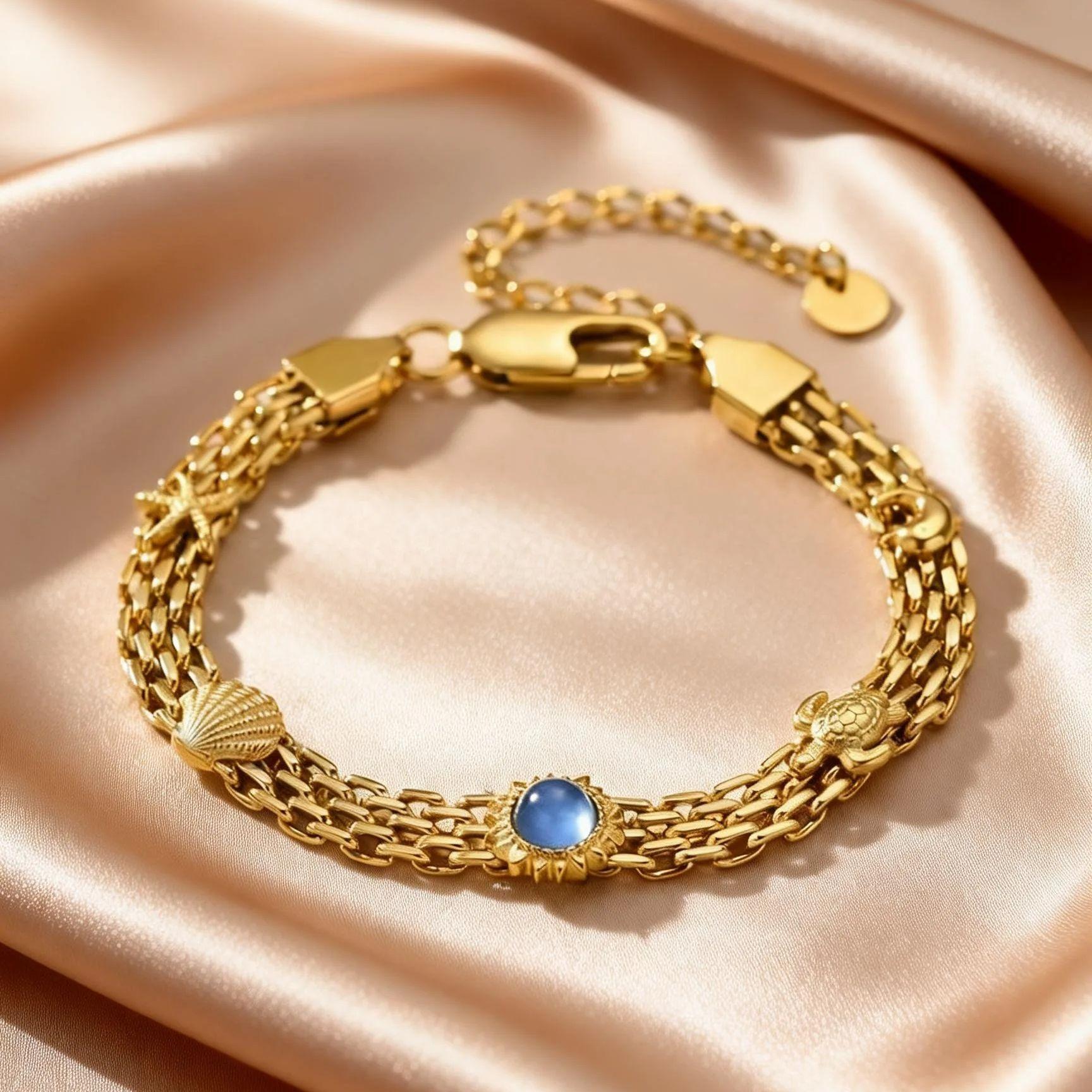 

Ocean Style Stainless Steel Mesh Chain Watch Strap Bracelets for Women, Unique Starfish Turtle Sun Natural Stone Charm Bracelet