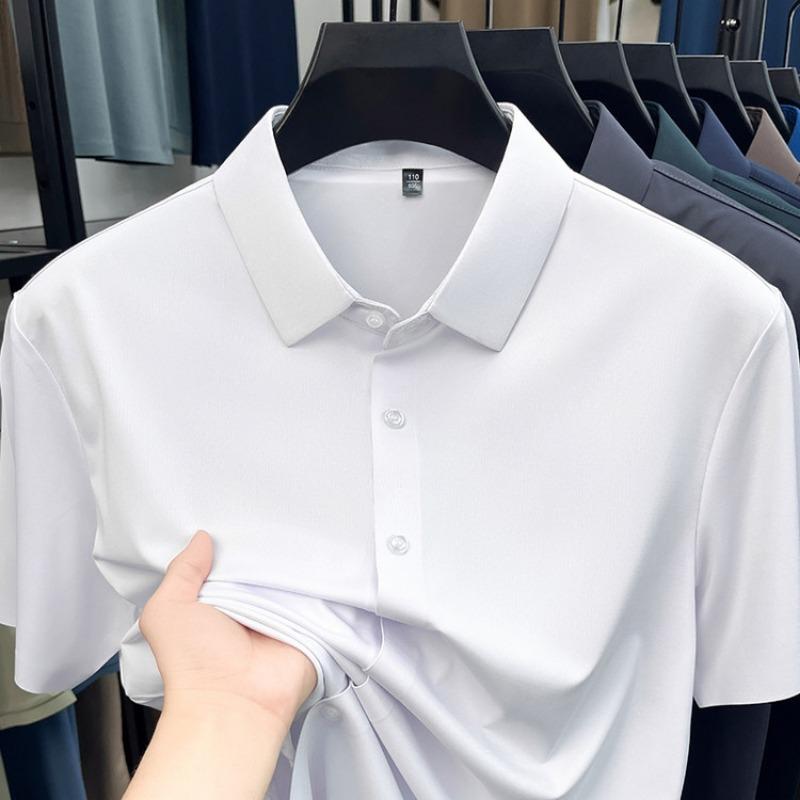 Men's White Ice Silk Seamless Short Sleeve Dress Shirt For Business And Casual Wear