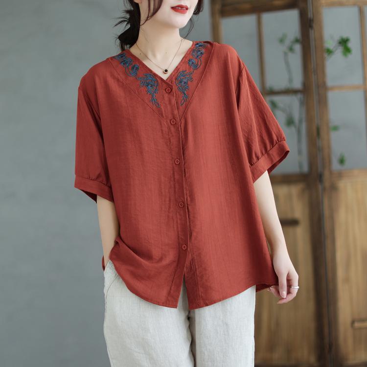 

Летняя свободная футболка с v-образным вырезом большого размера, хлопковая рубашка с короткими рукавами, женский топ one size красный