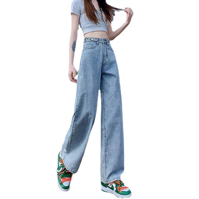 High-Waist Adjustable Straight Leg Jeans - Women's Korean Style Loose Slimming Wide-Leg Floor-Length Dad Jeans