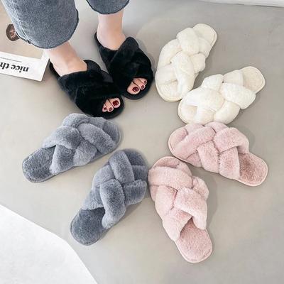 2024 NEUES Design Damen Winter Haus Pelzige Hausschuhe Damen Kreuz Flauschiger Pelz Zuhause Pantoletten Flache Indoor Bodenschuhe Damen Flip Flops