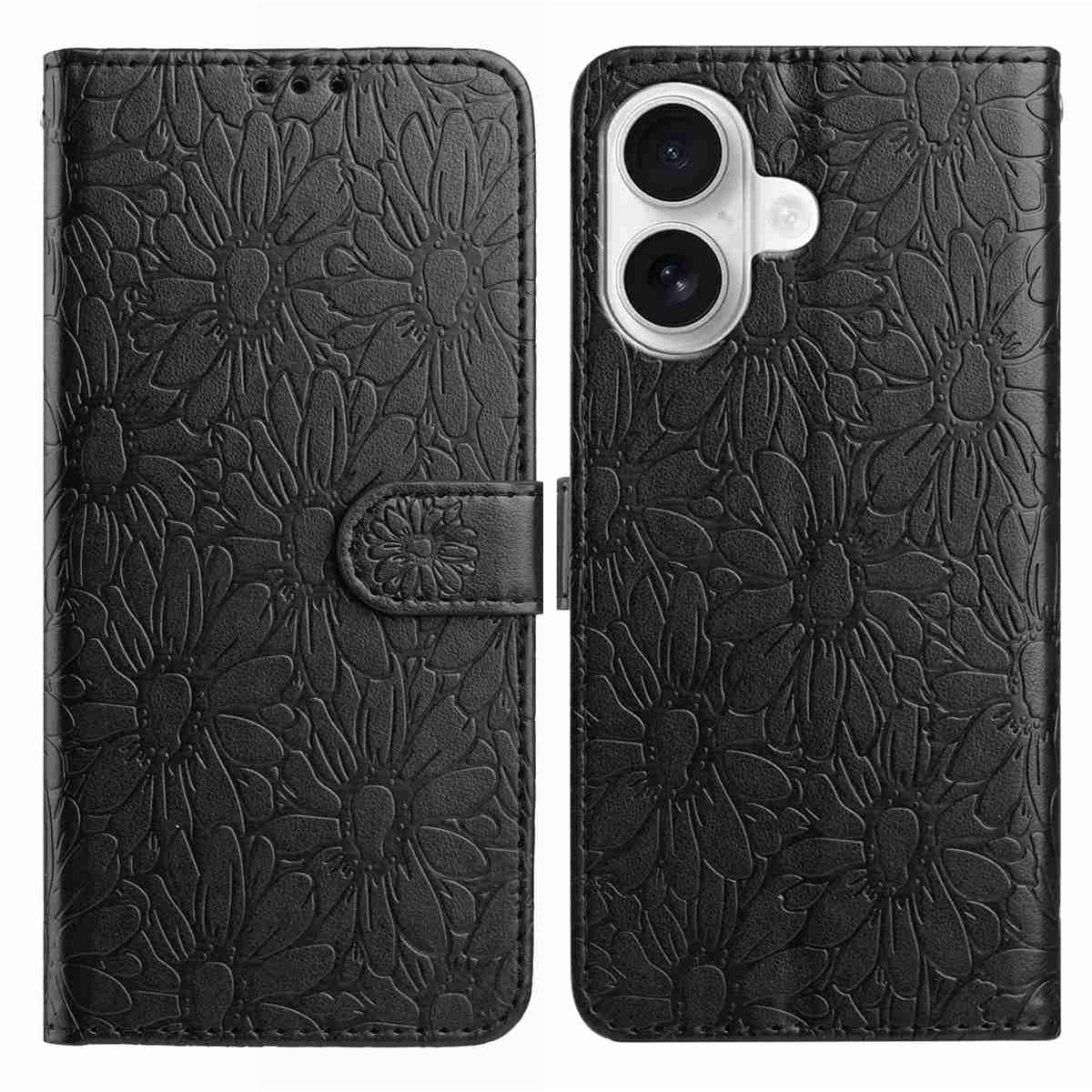 

For iPhone 16 Leather Case Daisy Imprint Wallet Stand Phone Protective Cover Black
