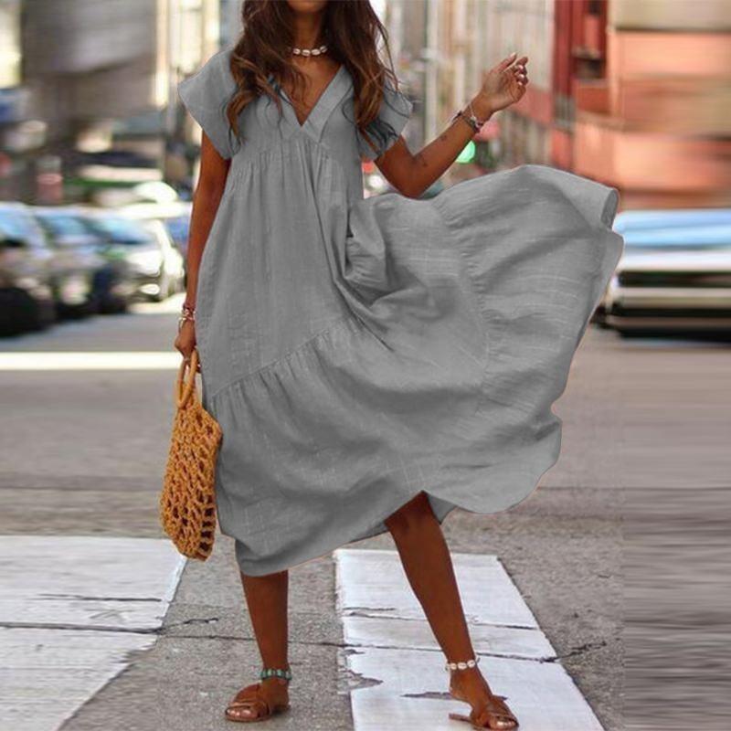 Plus-size Multi-colored Loose V-neck Dress for Women