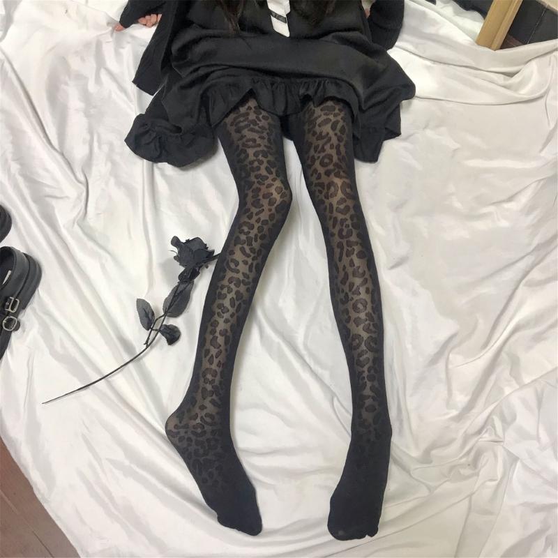 Women Spring Summer Sexy See Through Silky Pantyhose Stockings Leopard Print Jacquard Patterned Black Tights Hosiery