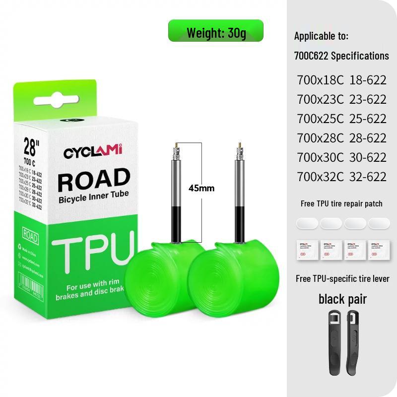 CYCLAMI Ultralight TPU Inner Tube with Free Tire Patches and Levers - 30g, Presta Valve, Puncture Proof Road Bike Tire.