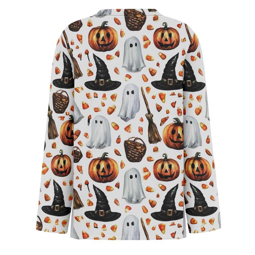 Women's Halloween Print Long Sleeve Pullover Top Round Neck Split Hem Casual Loose Fit Lightweight Sweatshirt