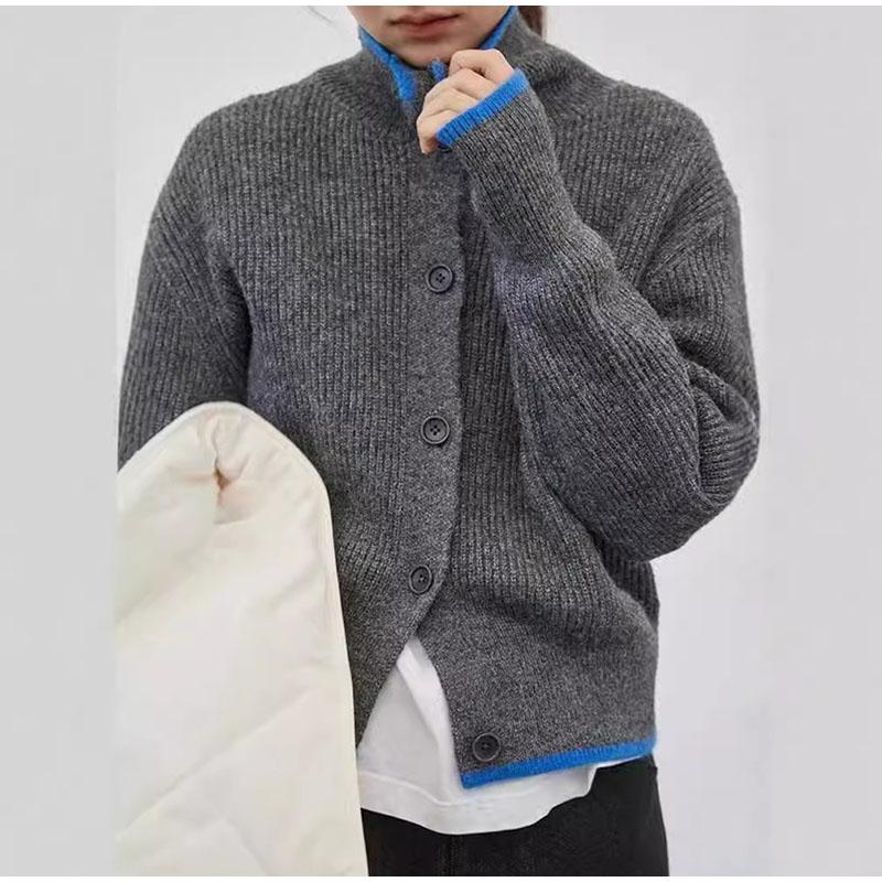 Contrast Knitted Cardigan Women Elegant Stand Collar Thicken Long Sleeve Single Breasted Lady Jumper 2025 Spring New Knitwear