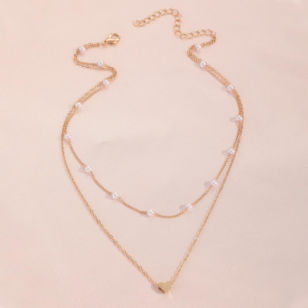 Imitation Pearl Love Pendant Necklace Versatile Clavicle Chain Women'S Vintage Double Layer Stacked Necklace