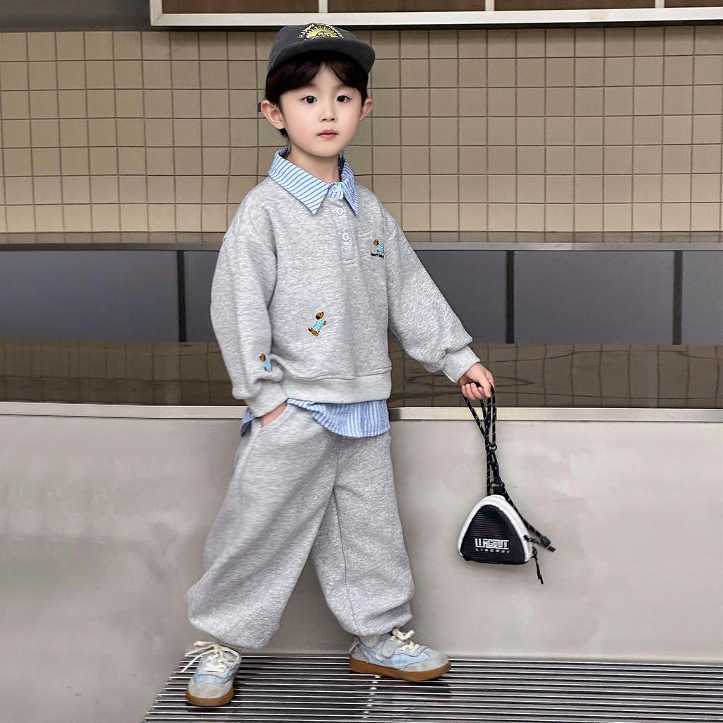 Korean Style Boys' Sweatshirt & Sweatpants Set - 2025 New Trendy Autumn Outfit for Kids
