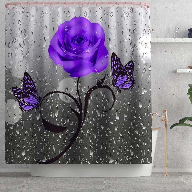 Blooming Flowers Rose Butterfly Shower Curtain Waterproof Modern Bathroom Decor, Waterproof Fabric Shower Curtain with Hooks W90xH180cm(35x70 in)