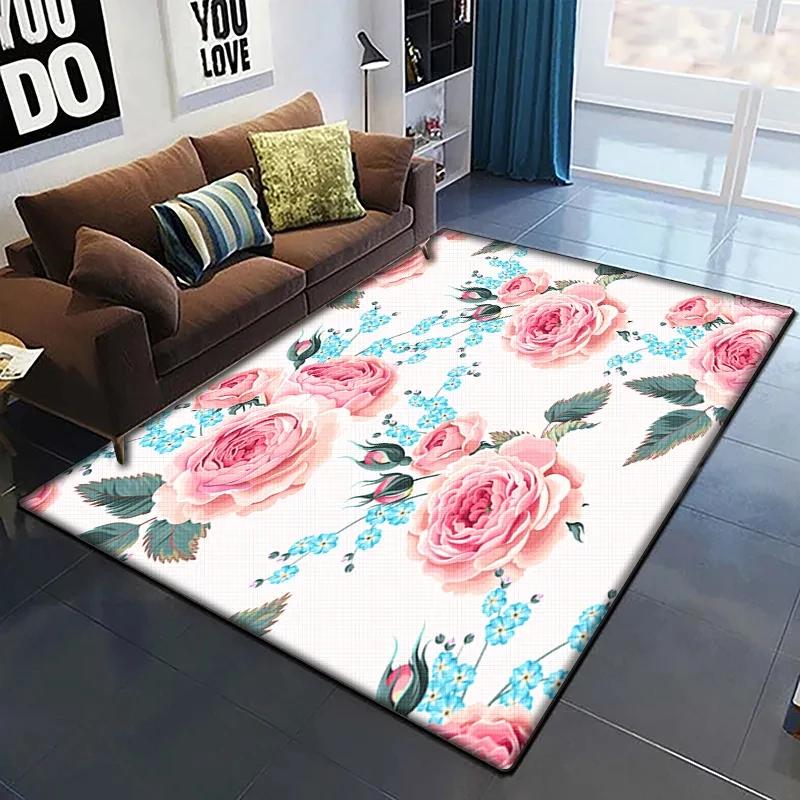 Rose Flower Print Carpet Living Room Rugs Anti-Slip Bedroom Bathroom Home Sofa Decor Floral Floor Mats Balcony Hallway Doormat